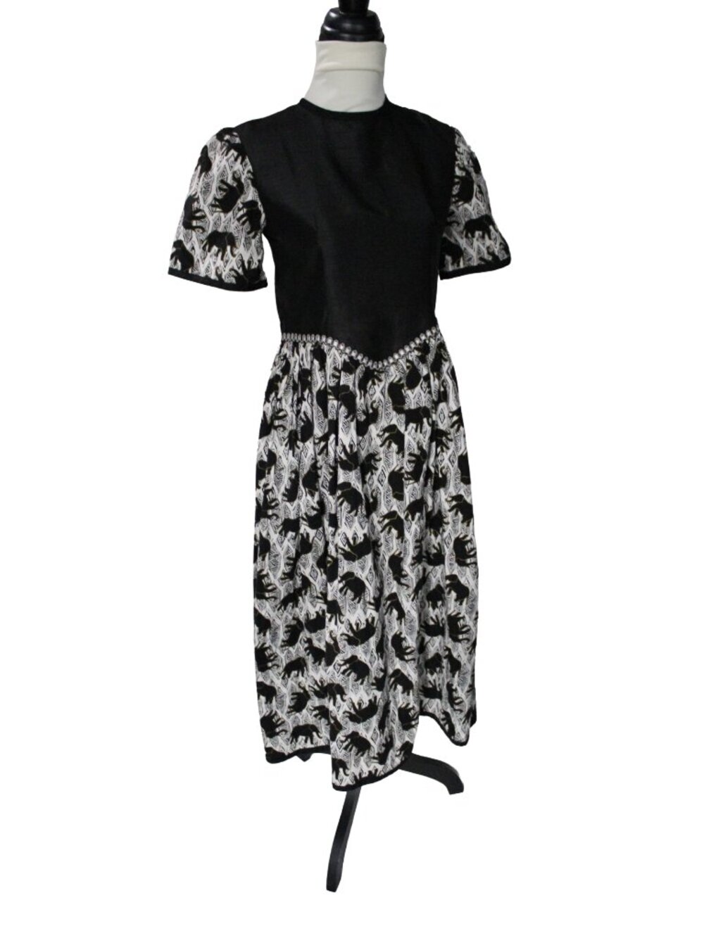 Vintage Handmade Black Gold Elephant Metallic Pinup Swing Dress S - Picture 2 of 8